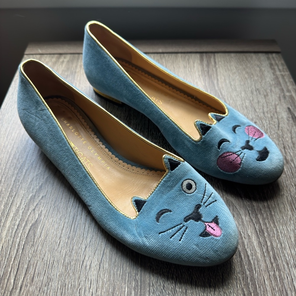 Charlotte Olympia Blue “Emoticats” Kitty Ballet Flats 37.5